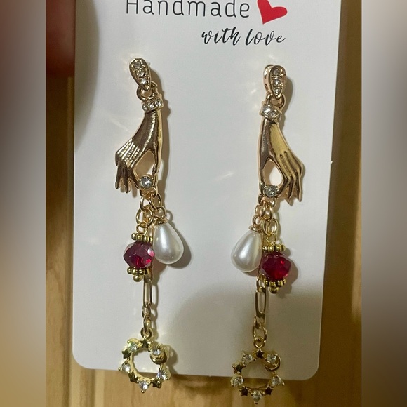 Victorian Pearl and Crimson Earrings - Picture 3 of 5